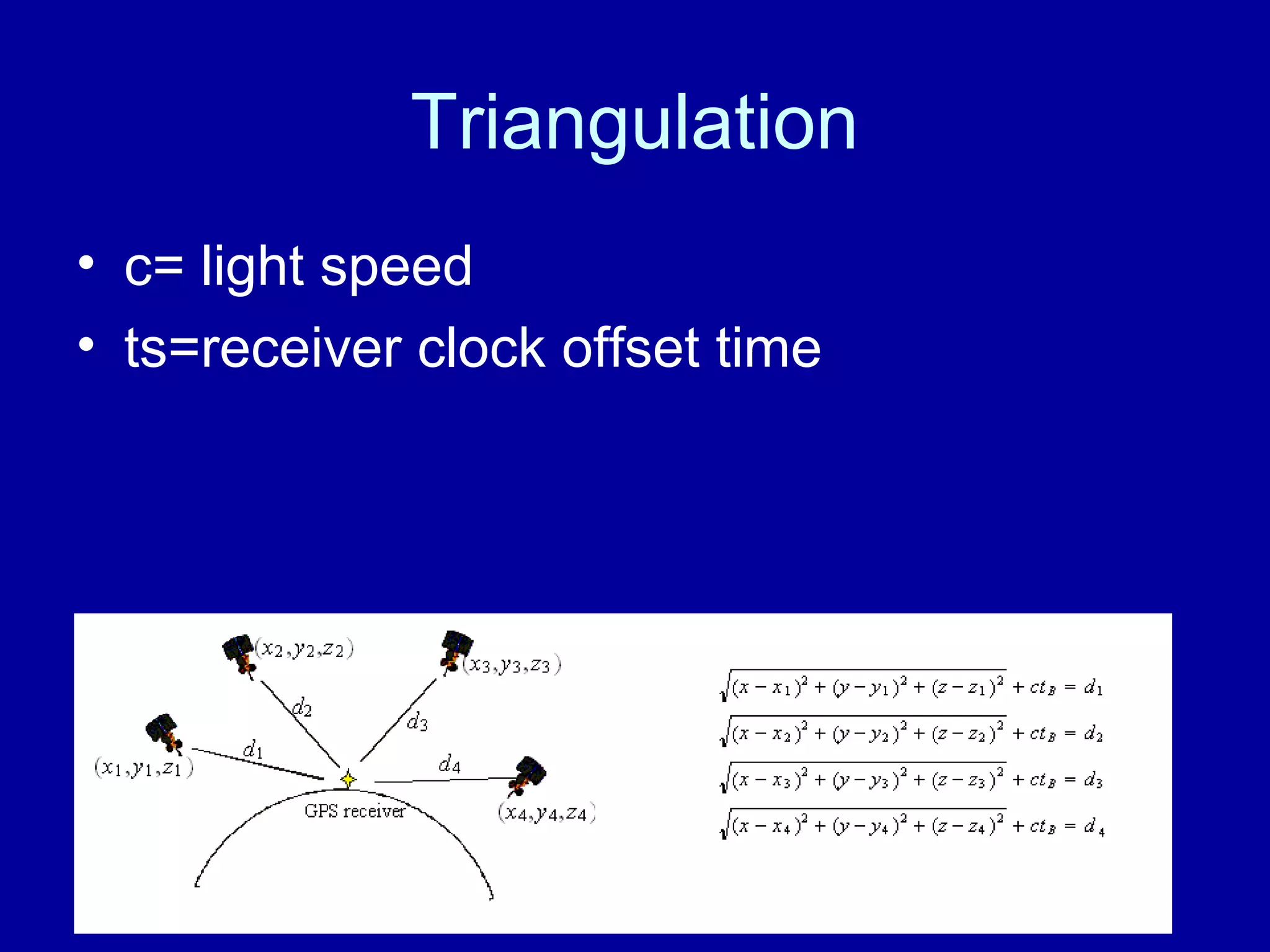 Triangulation 
• c= light speed 
• ts=receiver clock offset time 
 