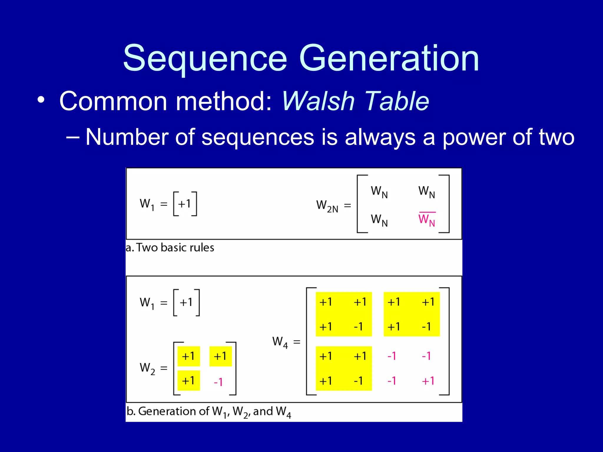 Sequence Generation 
• Common method: Walsh Table 
– Number of sequences is always a power of two 
 