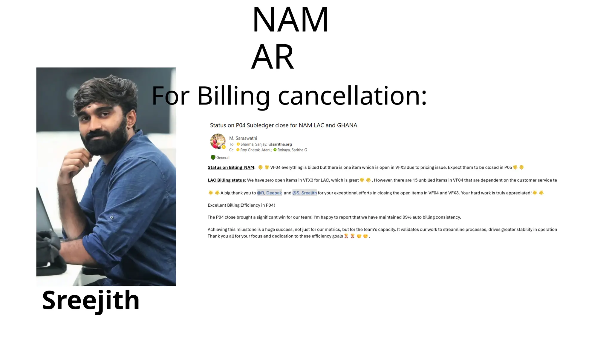 NAM
AR
Sreejith
For Billing cancellation:
 