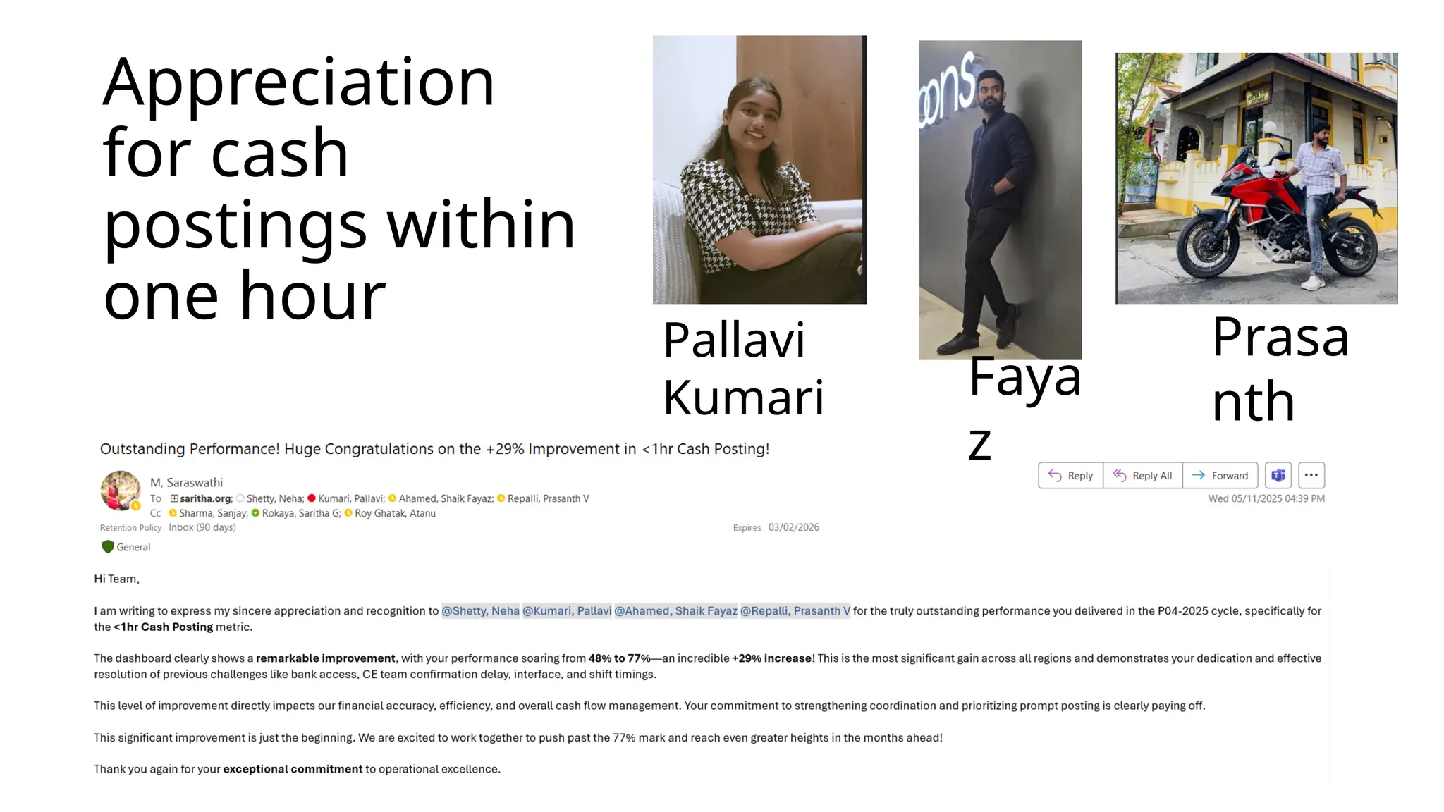 Appreciation
for cash
postings within
one hour
Pallavi
Kumari Faya
z
Prasa
nth
 