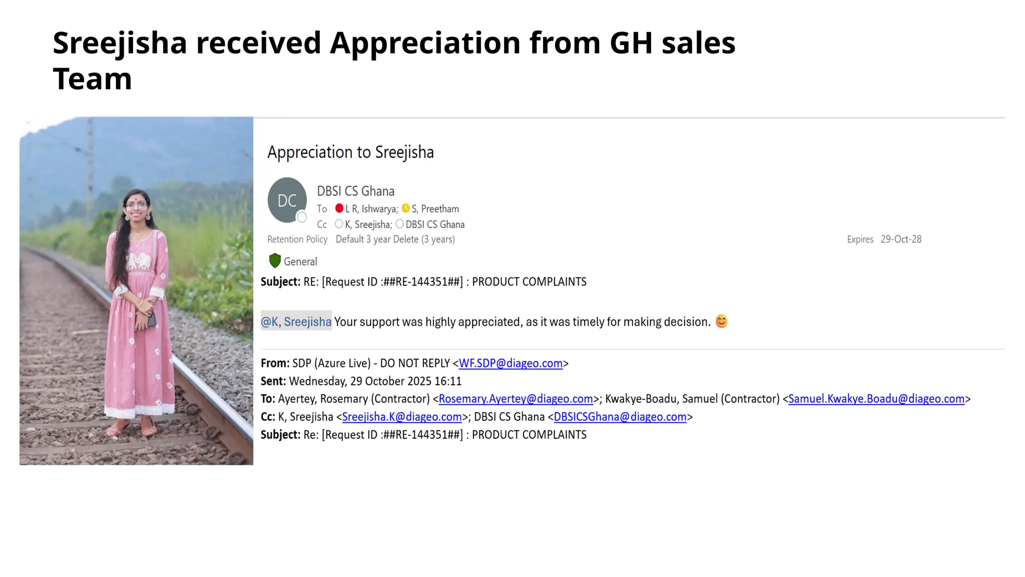 Sreejisha received Appreciation from GH sales
Team
 