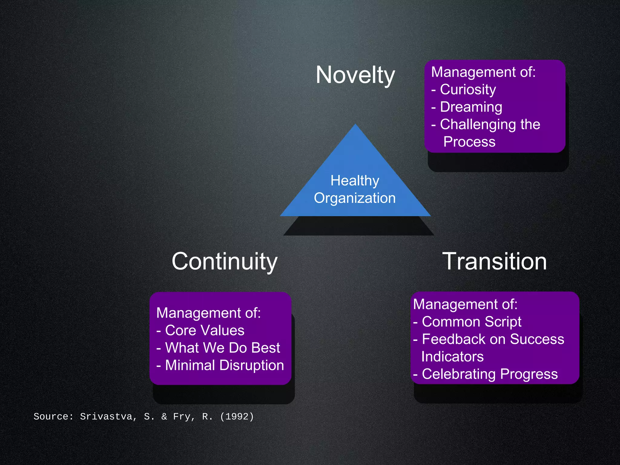 Novelty 
Healthy 
Organization 
Management of: 
- Curiosity 
- Dreaming 
- Challenging the 
Process 
Continuity Transition 
Management of: 
- Common Script 
- Feedback on Success 
Indicators 
- Celebrating Progress 
Management of: 
- Core Values 
- What We Do Best 
- Minimal Disruption 
Source: Srivastva, S. & Fry, R. (1992) 
 