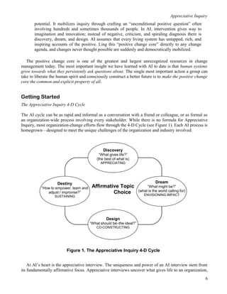 Appreciative Inquiry
potential. It mobilizes inquiry through crafting an “unconditional positive question” often
involving hundreds and sometimes thousands of people. In AI, intervention gives way to
imagination and innovation; instead of negative, criticism, and spiraling diagnosis there is
discovery, dream, and design. AI assumes that every living system has untapped, rich, and
inspiring accounts of the positive. Ling this “positive change core” directly to any change
agenda, and changes never thought possible are suddenly and democratically mobilized.
The positive change core is one of the greatest and largest unrecognized resources in change
management today. The most important insight we have learned with AI to date is that human systems
grow towards what they persistently ask questions about. The single most important action a group can
take to liberate the human spirit and consciously construct a better future is to make the positive change
core the common and explicit property of all.
Getting Started
The Appreciative Inquiry 4-D Cycle
The AI cycle can be as rapid and informal as a conversation with a friend or colleague, or as formal as
an organization-wide process involving every stakeholder. While there is no formula for Appreciative
Inquiry, most organization-change efforts flow through the 4-D Cycle (see Figure 1). Each AI process is
homegrown—designed to meet the unique challenges of the organization and industry involved.
At AI’s heart is the appreciative interview. The uniqueness and power of an AI interview stem from
its fundamentally affirmative focus. Appreciative interviews uncover what gives life to an organization,
6
Destiny
“How to empower, learn and
adjust / improvise?”
SUSTAINING
Dream
“What might be?”
(what is the world calling for)
ENVISIONING IMPACT
Discovery
“What gives life?”
(the best of what is)
APPRECIATING
Design
“What should be–the ideal?”
CO-CONSTRUCTING
Affirmative Topic
Choice
Figure 1. The Appreciative Inquiry 4-D Cycle
 