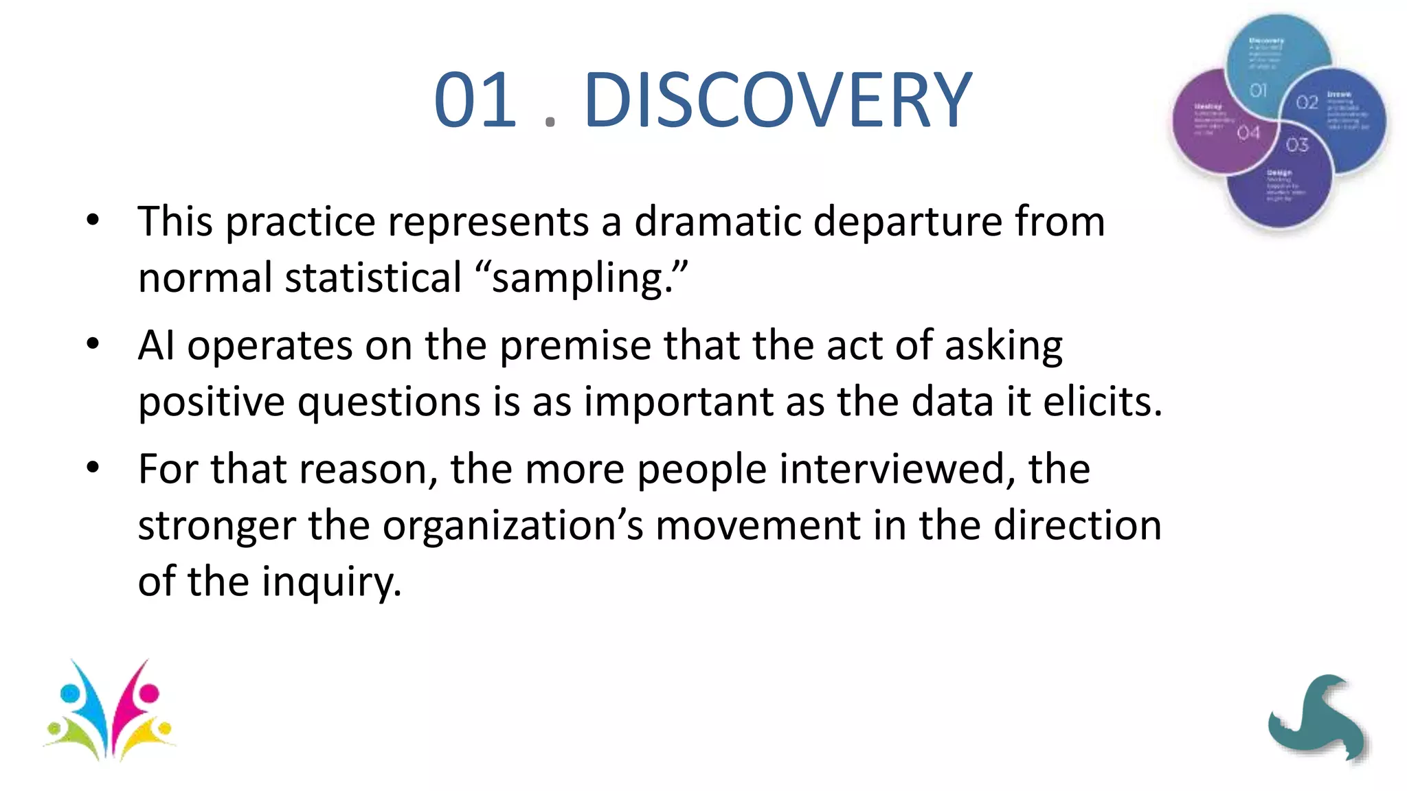 01 . DISCOVERY
• This practice represents a dramatic departure from
normal statistical “sampling.”
• AI operates on the premise that the act of asking
positive questions is as important as the data it elicits.
• For that reason, the more people interviewed, the
stronger the organization’s movement in the direction
of the inquiry.
 