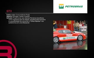 GT3
Público-alvo: Consumidores Finais
Objetivo: Divulgar e ativar o evento
Solução: Proporcionar aos clientes Petrobras benefícios:
  como ingressos para as etapas, arquibancada exclusiva
  e a possibilidade de concorrer a "Voltas Rápidas" nos
  autódromos em uma Masserati.
 