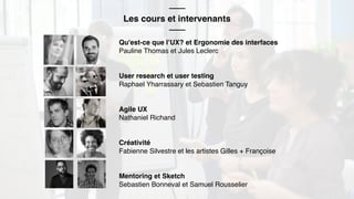 Qu'est-ce que l’UX? et Ergonomie des interfaces
Pauline Thomas et Jules Leclerc
User research et user testing
Raphael Yharrassary et Sebastien Tanguy
Agile UX
Nathaniel Richand
Créativité
Fabienne Silvestre et les artistes Gilles + Françoise
Mentoring et Sketch
Sebastien Bonneval et Samuel Rousselier
——
Les cours et intervenants
——
 