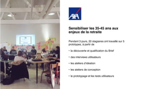 Pendant 3 jours, 20 stagiaires ont travaillé sur 5
prototypes, à partir de
• la découverte et qualiﬁcation du Brief
• des interviews utilisateurs
• les ateliers d’idéation
• les ateliers de conception
• le prototypage et les tests utilisateurs
Sensibiliser les 35-45 ans aux
enjeux de la retraite
 