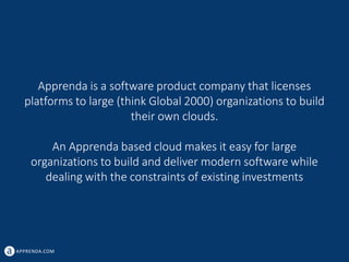 APPRENDA.COM
Apprenda is a software product company that licenses
platforms to large (think Global 2000) organizations to build
their own clouds.
An Apprenda based cloud makes it easy for large
organizations to build and deliver modern software while
dealing with the constraints of existing investments
 