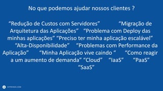 APPRENDA.COM
No que podemos ajudar nossos clientes ?
“Redução de Custos com Servidores” “Migração de
Arquitetura das Aplicações” “Problema com Deploy das
minhas aplicações” “Preciso ter minha aplicação escalável”
“Alta-Disponibilidade” “Problemas com Performance da
Aplicação” “Minha Aplicação vive caindo “ “Como reagir
a um aumento de demanda” “Cloud” “IaaS” “PaaS”
“SaaS”
 