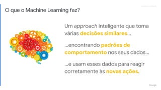 Proprietary + ConfidentialProprietary + Confidential
O que o Machine Learning faz?
Um approach inteligente que toma
várias decisões similares...
...encontrando padrões de
comportamento nos seus dados...
...e usam esses dados para reagir
corretamente às novas ações.
 