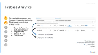 Proprietary + ConfidentialProprietary + Confidential
Firebase Analytics
Segmente seus usuários com
Firebase Analytics e Audiências
Dinâmicas e entenda seu
engajamento:
● Canal de Aquisição
● Data de First Open
● Engajamento
● Etapas de Funil
● Conversões
Crie regras de inclusão
Crie regras de exclusão
Dinâmicas por:
* Eventos ou Propriedades
** Quantidades
*** Tempo
* ** ***
 