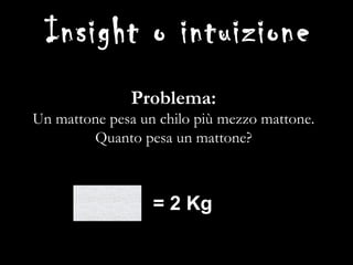 Insight o intuizione Problema: Un mattone pesa un chilo più mezzo mattone. Quanto pesa un mattone? = 2 Kg 