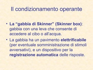 Il condizionamento operante
• La “gabbia di Skinner” (Skinner box):
gabbia con una leva che consente di
accedere al cibo o all’acqua.
• La gabbia ha un pavimento elettrificabile
(per eventuale somministrazione di stimoli
avversativi), e un dispositivo per la
registrazione automatica delle risposte.
 