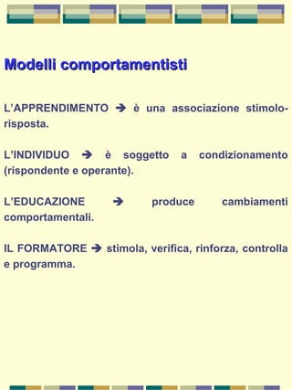 Modelli comportamentistiModelli comportamentisti
L’APPRENDIMENTO  è una associazione stimolo-
risposta.
L’INDIVIDUO  è soggetto a condizionamento
(rispondente e operante).
L’EDUCAZIONE  produce cambiamenti
comportamentali.
IL FORMATORE  stimola, verifica, rinforza, controlla
e programma.
 