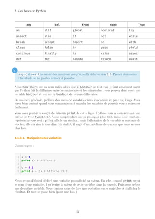 I. Les bases de Python
and del from None True
as elif global nonlocal try
assert else if not while
break except import or with
class False in pass yield
continue finally is raise async
def for lambda return await
i
async et await ne seront des mots reservés qu’à partir de la version 3.5. Prenez néanmoins
l’habitude de ne pas les utiliser si possible.
Ainsi bon_Jour1 est un nom valide alors que 1.bonJour ne l’est pas. Il faut également noter
que Python fait la différence entre les majuscules et les minuscules : vous pouvez donc avoir une
variable bonjour et une autre bonJour de valeurs différentes.
De manière générale, préférez des noms de variables clairs, évocateurs et pas trop longs. Vous
serez bien content quand vous commencerez à cumuler les variables de pouvoir vous y retrouver
facilement.
Vous avez peut-être essayé de faire un print de cette ligne. Python vous a alors renvoyé une
erreur de type TypeError. Vous comprendrez mieux pourquoi plus tard, mais pour l’instant,
représentez-vous ceci : print aﬃche un résultat, mais l’affectation de la variable se contente de
stocker, elle n’a rien à nous dire. En réalité, il s’agit d’un problème de syntaxe que nous verrons
plus loin.
3.1.0.1. Manipulons nos variables
Commençons :
a = 5
print(a) # Affiche 5
b = 8.2
print(a + b) # Affiche 13.2
Nous avons d’abord déclaré une variable puis aﬃché sa valeur. En effet, quand print reçoit
le nom d’une variable, il va écrire la valeur de cette variable dans la console. Puis nous créons
une deuxième variable. Nous tentons alors de faire une opération entre variables et d’aﬃcher le
résultat. Et tout se passe bien (pour une fois ).
15
 