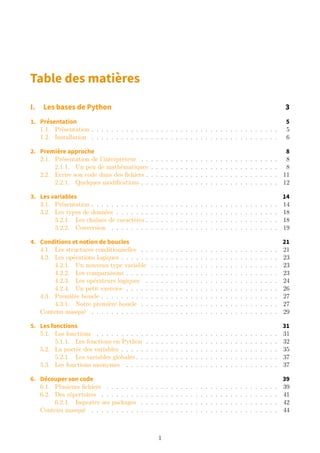 Table des matières
I. Les bases de Python 3
1. Présentation 5
1.1. Présentation . . . . . . . . . . . . . . . . . . . . . . . . . . . . . . . . . . . . . . 5
1.2. Installation . . . . . . . . . . . . . . . . . . . . . . . . . . . . . . . . . . . . . . 6
2. Première approche 8
2.1. Présentation de l’interpréteur . . . . . . . . . . . . . . . . . . . . . . . . . . . . 8
2.1.1. Un peu de mathématiques . . . . . . . . . . . . . . . . . . . . . . . . . . 8
2.2. Ecrire son code dans des fichiers . . . . . . . . . . . . . . . . . . . . . . . . . . . 11
2.2.1. Quelques modifications . . . . . . . . . . . . . . . . . . . . . . . . . . . . 12
3. Les variables 14
3.1. Présentation . . . . . . . . . . . . . . . . . . . . . . . . . . . . . . . . . . . . . . 14
3.2. Les types de données . . . . . . . . . . . . . . . . . . . . . . . . . . . . . . . . . 18
3.2.1. Les chaînes de caractères . . . . . . . . . . . . . . . . . . . . . . . . . . . 18
3.2.2. Conversion . . . . . . . . . . . . . . . . . . . . . . . . . . . . . . . . . . 19
4. Conditions et notion de boucles 21
4.1. Les structures conditionnelles . . . . . . . . . . . . . . . . . . . . . . . . . . . . 21
4.2. Les opérations logiques . . . . . . . . . . . . . . . . . . . . . . . . . . . . . . . . 23
4.2.1. Un nouveau type variable . . . . . . . . . . . . . . . . . . . . . . . . . . 23
4.2.2. Les comparaisons . . . . . . . . . . . . . . . . . . . . . . . . . . . . . . . 23
4.2.3. Les opérateurs logiques . . . . . . . . . . . . . . . . . . . . . . . . . . . 24
4.2.4. Un petit exercice . . . . . . . . . . . . . . . . . . . . . . . . . . . . . . . 26
4.3. Première boucle . . . . . . . . . . . . . . . . . . . . . . . . . . . . . . . . . . . . 27
4.3.1. Notre première boucle . . . . . . . . . . . . . . . . . . . . . . . . . . . . 27
Contenu masqué . . . . . . . . . . . . . . . . . . . . . . . . . . . . . . . . . . . . . . 29
5. Les fonctions 31
5.1. Les fonctions . . . . . . . . . . . . . . . . . . . . . . . . . . . . . . . . . . . . . 31
5.1.1. Les fonctions en Python . . . . . . . . . . . . . . . . . . . . . . . . . . . 32
5.2. La portée des variables . . . . . . . . . . . . . . . . . . . . . . . . . . . . . . . . 35
5.2.1. Les variables globales . . . . . . . . . . . . . . . . . . . . . . . . . . . . . 37
5.3. Les fonctions anonymes . . . . . . . . . . . . . . . . . . . . . . . . . . . . . . . 37
6. Découper son code 39
6.1. Plusieurs fichiers . . . . . . . . . . . . . . . . . . . . . . . . . . . . . . . . . . . 39
6.2. Des répertoires . . . . . . . . . . . . . . . . . . . . . . . . . . . . . . . . . . . . 41
6.2.1. Importer ses packages . . . . . . . . . . . . . . . . . . . . . . . . . . . . 42
Contenu masqué . . . . . . . . . . . . . . . . . . . . . . . . . . . . . . . . . . . . . . 44
1
 
