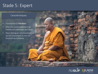 Stade 5: Expert
Caractéristiques
• Fonctionne à l’intuition
• Cherche continuellement de
meilleures méthodes de travail
• Peut distinguer intuitivement ce
qui est important ou non en
fonction du contexte
 