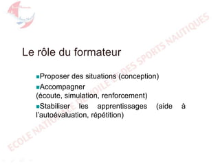 Le rôle du formateur
Proposer

des situations (conception)
Accompagner
(écoute, simulation, renforcement)
Stabiliser
les apprentissages (aide
l’autoévaluation, répétition)

à

 