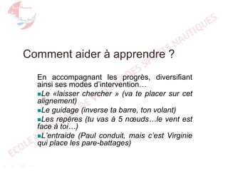 Comment aider à apprendre ?
En accompagnant les progrès, diversifiant
ainsi ses modes d’intervention…
Le «laisser chercher » (va te placer sur cet
alignement)
Le guidage (inverse ta barre, ton volant)
Les repères (tu vas à 5 nœuds…le vent est
face à toi…)
L’entraide (Paul conduit, mais c’est Virginie
qui place les pare-battages)

 