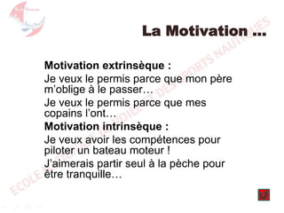 La Motivation …
Motivation extrinsèque :
Je veux le permis parce que mon père
m’oblige à le passer…
Je veux le permis parce que mes
copains l’ont…
Motivation intrinsèque :
Je veux avoir les compétences pour
piloter un bateau moteur !
J’aimerais partir seul à la pèche pour
être tranquille…

 