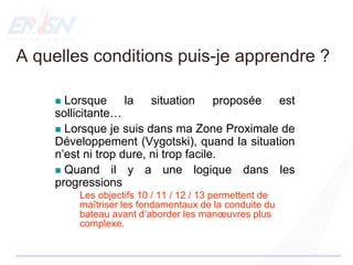  Lorsque la situation proposée est
sollicitante…
 Lorsque je suis dans ma Zone Proximale de
Développement (Vygotski), quand la situation
n’est ni trop dure, ni trop facile.
 Quand il y a une logique dans les
progressions
Les objectifs 10 / 11 / 12 / 13 permettent de
maîtriser les fondamentaux de la conduite du
bateau avant d’aborder les manœuvres plus
complexe.
A quelles conditions puis-je apprendre ?
 