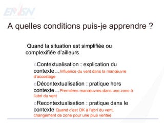 Quand la situation est simplifiée ou
complexifiée d’ailleurs
Contextualisation : explication du
contexte…Influence du vent dans la manœuvre
d’accostage
Décontextualisation : pratique hors
contexte…Premières manœuvres dans une zone à
l’abri du vent
Recontextualisation : pratique dans le
contexte Quand c’est OK à l’abri du vent,
changement de zone pour une plus ventée
A quelles conditions puis-je apprendre ?
 