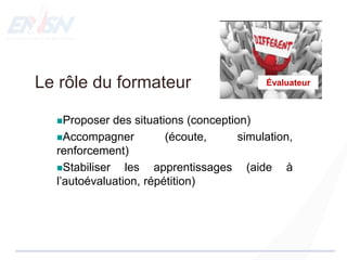 Le rôle du formateur
Proposer des situations (conception)
Accompagner (écoute, simulation,
renforcement)
Stabiliser les apprentissages (aide à
l’autoévaluation, répétition)
Évaluateur
 