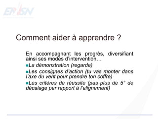 Comment aider à apprendre ?
En accompagnant les progrès, diversifiant
ainsi ses modes d’intervention…
La démonstration (regarde)
Les consignes d’action (tu vas monter dans
l’axe du vent pour prendre ton coffre)
Les critères de réussite (pas plus de 5° de
décalage par rapport à l’alignement)
 