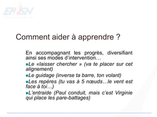 Comment aider à apprendre ?
En accompagnant les progrès, diversifiant
ainsi ses modes d’intervention…
Le «laisser chercher » (va te placer sur cet
alignement)
Le guidage (inverse ta barre, ton volant)
Les repères (tu vas à 5 nœuds…le vent est
face à toi…)
L’entraide (Paul conduit, mais c’est Virginie
qui place les pare-battages)
 