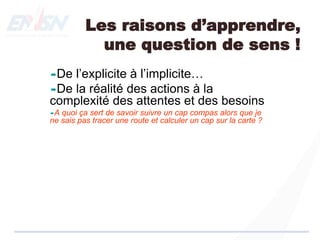 Les raisons d’apprendre,
une question de sens !
De l’explicite à l’implicite…
De la réalité des actions à la
complexité des attentes et des besoins
A quoi ça sert de savoir suivre un cap compas alors que je
ne sais pas tracer une route et calculer un cap sur la carte ?
 