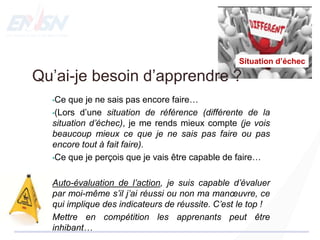 Situation d’échec
Qu’ai-je besoin d’apprendre ?
•Ce que je ne sais pas encore faire…
•(Lors d’une situation de référence (différente de la
situation d’échec), je me rends mieux compte (je vois
beaucoup mieux ce que je ne sais pas faire ou pas
encore tout à fait faire).
•Ce que je perçois que je vais être capable de faire…
Auto-évaluation de l’action, je suis capable d’évaluer
par moi-même s’il j’ai réussi ou non ma manœuvre, ce
qui implique des indicateurs de réussite. C’est le top !
Mettre en compétition les apprenants peut être
inhibant…
 