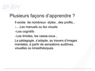 Plusieurs façons d’apprendre ?
Il existe de nombreux styles , des profils...
…Les manuels ou les visuels
Les cognitifs
Les timides, les casse-cous ,
La pédagogie, s’adapte, au travers d’images
mentales, à partir de sensations auditives,
visuelles ou kinesthésiques.
 