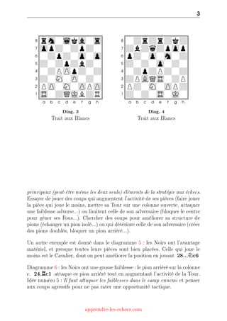3
8
rm0lka0s
7
opZ0ZpZ0
6
0ZpZ0o0o
5
Z0ZpZbZ0
4
0ZPOpZ0Z
3
Z0M0O0Z0
2
PO0M0OPO
1
S0ZQJBZR
a b c d e f g h
Diag. 3
Trait aux Blancs
8
0ZrZrZkZ
7
ZbZqZpop
6
pZ0o0m0Z
5
Z0Z0o0Z0
4
0ZpZPZ0Z
3
ZPAQS0ZP
2
PZ0M0OPZ
1
Z0Z0S0J0
a b c d e f g h
Diag. 4
Trait aux Blancs
principaux (peut-être même les deux seuls) éléments de la stratégie aux échecs.
Essayerdejouerdescoupsquiaugmententl'activitédesespièces(fairejouer
la pièce qui joue le moins, mettre sa Tour sur une colonne ouverte, attaquer
une faiblesse adverse...) ou limitent celle de son adversaire (bloquer le centre
pour gêner ses Fous...). Chercher des coups pour améliorer sa structure de
pions(échangerunpionisolé...)ouquidétériorecelledesonadversaire(créer
des pions doublés, bloquer un pion arriéré...).
Un autre exemple est donné dans le diagramme 5 : les Noirs ont l'avantage
matériel, et presque toutes leurs pièces sont bien placées. Celle qui joue le
moinsestleCavalier,dontonpeutaméliorerlapositionenjouant 28...Nc6
Diagramme6:lesNoirsontunegrossefaiblesse:lepionarriérésurlacolonne
c. 24.Rc1 attaque ce pion arriéré tout en augmentant l'activité de la Tour.
Idéenuméro5:Il faut attaquer les faiblesses dans le camp ennemi etpenser
aux coups agressifs pour ne pas rater une opportunité tactique.
apprendre-les-echecs.com
 