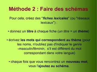 Méthode 2 : Faire des schémas
Pour cela, créez des ''fiches lexicales'' (ou ''réseaux
lexicaux'') :
● donnez un titre à chaque fiche (un titre = un thème)
● écrivez les mots qui correspondent au thème (pour
les noms, n'oubliez pas d'indiquer le genre
-masculin/féminin, s’il est différent du mot
correspondant dans votre langue)
● chaque fois que vous rencontrez un nouveau mot,
vous l'ajoutez au schéma.
 