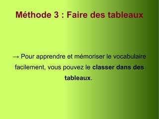 Méthode 3 : Faire des tableaux
→ Pour apprendre et mémoriser le vocabulaire
facilement, vous pouvez le classer dans des
tableaux.
 