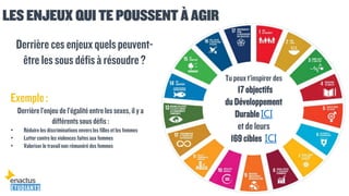 Tupeuxt’inspirer des
17objectifs
duDéveloppement
DurableICI
et deleurs
169cibles ICI
LES ENJEUX QUI TE POUSSENT À AGIR
Derrière cesenjeuxquelspeuvent-
être lessousdéfisà résoudre?
Exemple:
Derrièrel’enjeu de l’égalité entre lessexes, il y a
différents sousdéfis:
• Réduire les discriminations envers les filleset les femmes
• Luttercontre les violences faitesaux femmes
• Valoriser le travailnon rémunéré des femmes
 