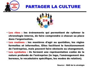 La culture d'entreprise est la manifestation visible de l'identité
de l'organisation. Que partage-t-on au juste dans l'entreprise ?
Qu'est-ce qui conditionne les façons d'agir ? De quoi faut-il
tenir compte pour agir en fonction de la culture d'entreprise ?
Source : Emarketing,
BAO de la stratégie
LA CULTURE D'ENTREPRISE
 