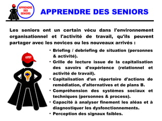 APPRENDRE DES SENIORS
Les seniors ont un certain vécu dans l'environnement
organisationnel et l'activité de travail, qu'ils peuvent
partager avec les novices ou les nouveaux arrivés :
●
Briefing / debriefing de situation (personnes
& activité).
●
Grille de lecture issue de la capitalisation
des savoirs d'expérience (relationnel et
activité de travail).
●
Capitalisation d'un répertoire d'actions de
remédiation, d'alternatives et de plans B.
●
Compréhension des systèmes sociaux et
techniques (personnes & process).
●
Capacité à analyser finement les aléas et à
diagnostiquer les dysfonctionnements.
●
Perception des signaux faibles.
 