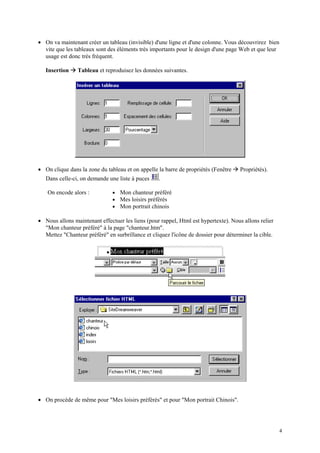 • On va maintenant créer un tableau (invisible) d'une ligne et d'une colonne. Vous découvrirez bien
  vite que les tableaux sont des éléments très importants pour le design d'une page Web et que leur
  usage est donc très fréquent.

   Insertion   Æ Tableau et reproduisez les données suivantes.




• On clique dans la zone du tableau et on appelle la barre de propriétés (Fenêtre   Æ Propriétés).
   Dans celle-ci, on demande une liste à puces    .

    On encode alors :          • Mon chanteur préféré
                               • Mes loisirs préférés
                               • Mon portrait chinois

• Nous allons maintenant effectuer les liens (pour rappel, Html est hypertexte). Nous allons relier
  "Mon chanteur préféré" à la page "chanteur.htm".
  Mettez "Chanteur préféré" en surbrillance et cliquez l'icône de dossier pour déterminer la cible.




• On procède de même pour "Mes loisirs préférés" et pour "Mon portrait Chinois".




                                                                                                      4
 