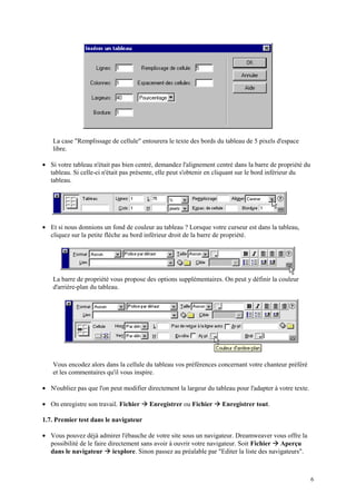 La case "Remplissage de cellule" entourera le texte des bords du tableau de 5 pixels d'espace
    libre.

• Si votre tableau n'était pas bien centré, demandez l'alignement centré dans la barre de propriété du
  tableau. Si celle-ci n'était pas présente, elle peut s'obtenir en cliquant sur le bord inférieur du
  tableau.




• Et si nous donnions un fond de couleur au tableau ? Lorsque votre curseur est dans la tableau,
  cliquez sur la petite flèche au bord inférieur droit de la barre de propriété.




    La barre de propriété vous propose des options supplémentaires. On peut y définir la couleur
    d'arrière-plan du tableau.




    Vous encodez alors dans la cellule du tableau vos préférences concernant votre chanteur préféré
    et les commentaires qu'il vous inspire.

• N'oubliez pas que l'on peut modifier directement la largeur du tableau pour l'adapter à votre texte.

• On enregistre son travail. Fichier   Æ Enregistrer ou Fichier Æ Enregistrer tout.
1.7. Premier test dans le navigateur

• Vous pouvez déjà admirer l'ébauche de votre site sous un navigateur. Dreamweaver vous offre la
                                                                                       Æ
  possibilité de le faire directement sans avoir à ouvrir votre navigateur. Soit Fichier Aperçu
                       Æ
  dans le navigateur iexplore. Sinon passez au préalable par "Editer la liste des navigateurs".



                                                                                                         6
 