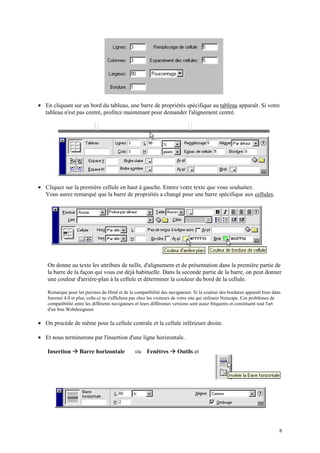 • En cliquant sur un bord du tableau, une barre de propriétés spécifique au tableau apparaît. Si votre
  tableau n'est pas centré, profitez maintenant pour demander l'alignement centré.




• Cliquez sur la première cellule en haut à gauche. Entrez votre texte que vous souhaitez.
  Vous aurez remarqué que la barre de propriétés a changé pour une barre spécifique aux cellules.




    On donne au texte les attributs de taille, d'alignement et de présentation dans la première partie de
    la barre de la façon qui vous est déjà habituelle. Dans la seconde partie de la barre, on peut donner
    une couleur d'arrière-plan à la cellule et déterminer la couleur du bord de la cellule.

    Remarque pour les puristes du Html et de la compatibilité des navigateurs. Si la couleur des bordures apparaît bien dans
    Internet 4.0 et plus, celle-ci ne s'affichera pas chez les visiteurs de votre site qui utilisent Netscape. Ces problèmes de
    compatibilité entre les différents navigateurs et leurs différentes versions sont assez fréquents et constituent tout l'art
    d'un bon Webdesigneur.

• On procède de même pour la cellule centrale et la cellule inférieure droite.

• Et nous terminerons par l'insertion d'une ligne horizontale.

    Insertion    Æ Barre horizontale              ou Fenêtres       Æ Outils et




                                                                                                                              8
 