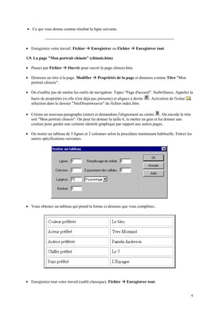 • Ce qui vous donne comme résultat la ligne suivante.



• Enregistrez votre travail. Fichier   Æ Enregistrer ou Fichier Æ Enregistrer tout
1.9. La page "Mon portrait chinois" (chinois.htm)

• Passez par Fichier   Æ Ouvrir pour ouvrir la page chinois.htm.
•   Donnons un titre à la page. Modifier Æ Propriétés de la page et donnons comme Titre "Mon
    portrait chinois".

• On n'oublie pas de mettre les outils de navigation. Tapez "Page d'accueil". Surbrillance. Appelez la
    barre de propriétés (si elle n'est déjà pas présente) et alignez à droite   . Activation de l'icône   ,
    sélection dans le dossier "SiteDreamweaver" du fichier index.htm.

• Créons un nouveau paragraphe (enter) et demandons l'alignement au centre . On encode le titre
  soit "Mon portrait chinois". On peut lui donner la taille 6, le mettre en gras et lui donner une
  couleur pour garder une certaine identité graphique par rapport aux autres pages.

• On insère un tableau de 5 lignes et 2 colonnes selon la procédure maintenant habituelle. Entrez les
  autres spécifications suivantes.




• Vous obtenez un tableau qui prend la forme ci-dessous que vous complétez..




• Enregistrez tout votre travail (oubli classique). Fichier    Æ Enregistrer tout.
                                                                                                          9
 