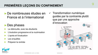 PREMIÈRES LEÇONS DU CONFINEMENT
►De nombreuses études en
France et à l’international
►Des phases
► La débrouille, avec les étudiants
► L’évolution progressive et la routinisation
► L’après et l’évaluation
► Les enquêtes
► Préparer la rentrée
•
 Transformation numérique
guidée par la contrainte plutôt
que par une approche
d’innovation
04/02/2021
APPRENDRE AVEC LE WEB
9
 