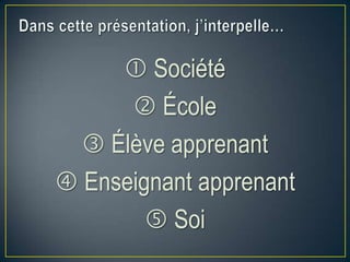  Société
 École
 Élève apprenant
 Enseignant apprenant
 Soi
 