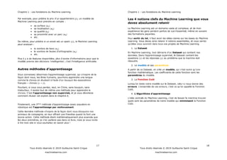 Chapitre 1 : Les fondations du Machine Learning
17
Tous droits réservés © 2019 Guillaume Saint-Cirgue
machinelearnia.com
Par exemple, pour prédire le prix , un modèle de
Machine Learning peut prendre en compte :
sa surface
sa localisation
sa qualité
sa proximité avec un parc
etc.
De même, pour prédire si un email est un spam , le Machine Learning
peut analyser :
le nombre de liens
etc.
Plus il y a de features s pour que le
façon dont nous, les êtres humains, pourrions apprendre une langue
français chinois
Pourtant, si vous vous perdez, seul, en Chine, sans bouquin, sans
traducteur, il existe tout de même une méthode pour apprendre le
non-supervisé, et je vous dévoilerai
comment réussir cet exploit dans le chapitre 6.
Finalement, une 3ième
robotique est par renforcement.
Cette dernière
animaux de compagnie, en leur offrant une friandise quand ils font une
bonne action. Cette méthode étant mathématiquement plus avancée que
à lire mon site si vous souhaitez en savoir plus !
Chapitre 1 : Les fondations du Machine Learning
18
Tous droits réservés © 2019 Guillaume Saint-Cirgue
machinelearnia.com
Les 4 notions clefs du Machine Learning que vous
devez absolument retenir
Le Machine Learning est un domaine vaste et complexe, et de mon
expérience les gens , même en suivant
des formations payantes.
Pour sortir du lot, il faut avoir les idées claires sur les bases du Machine
Learning. Vous devez ainsi retenir 4 notions essentielles, et vous verrez
s vos projets de Machine Learning.
1. Le Dataset
En Machine Learning Dataset qui contient nos
donnée
questions et les réponses au problème que la machine doit
résoudre.
2. Le modèle et ses paramètres
A partir de ce Dataset, on crée un modèle
fonction mathématique. Les coefficients de cette fonction sont les
paramètres du modèle.
3. La Fonction Coût
-ci nous donne des
erreurs. Fonction
Coût.
4. apprentissage
Machine Learning
quels sont les paramètres de notre modèle qui minimisent la Fonction
Coût.
 