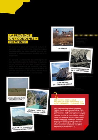 11
LA PROVENCE,
UN « CONDENSÉ »
DU MONDE
En suivant le cours de langue et culture ré-
gionales, vous comprendrez mieux les enjeux
contemporains de notre société comme par
exemple le développement durable ou la ci-
toyenneté.
En partant à la rencontre de notre région, de
son patrimoine naturel, historique et culturel,
on se connecte en tant que citoyen respon-
sable à son espace de vie immédiat, son quo-
tidien, mais aussi à une plus grande échelle, au
monde d’aujourd’hui. En un mot, l’étude de la
particularité nous conduit à l’universalité.
GÉO-TRÉSORS DE LA LANGUE
PROVENÇALE OU LA TOPONYMIE, CLEF
POUR COMPRENDRE L’ESPRIT DES LIEUX
Dans le dictionnaire provençal-français de
Frédéric Mistral, Lou Tresor dóu Felibrige (1878-
1886), on trouve la signification des noms de lieu.
Crau, (rom. crau, b. lat. cravis 1225, cravum, 1015),
s. f. Lande couverte de cailloux, terroir pierreux.
On dit : La Crau d’Arle, la Crau d’Arles, Campus
lapideus des anciens, vaste plaine caillouteuse
qui a plus de 35 000 hectares de superficie ;
la pleno Crau, la vasto Crau, la Crau coussou,
la Crau pastorale, la partie de la Crau d’Arles
fréquentée par les troupeaux (…).
La Camargue
Le Parc National
des Calanques de Marseille
L’aqueduc de Roquefavour
sur le canal de Marseille
•La Crau, dernière steppe
d’Europe occidentale
Le Lac d’Allos, plus grand lac
naturel d’altitude d’Europe
•Le Verdon, l’un des plus
profonds canyons d’Europe
> Plaine deltaïque,
paradis d’une faune
et d’une flore
exceptionnelles
> Un exemple de
développement durable
avant l’heure !
> Le seul parc national d’Europe
à la fois terrestre, marin et périurbain
 