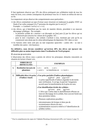 Il faut également observer que 10% des élèves pratiquent une syllabation totale de tous les
mots du texte, avec comme conséquence de prononcer tous les /e/ muets en milieu de mot ou
en fin.
Les inspecteurs ont pu observer des comportements assez particuliers :
 • des élèves commettent un type d’erreur assez récurrent en traduisant la graphie /ENT/ en
    finale d’un verbe conjugué à la 3e personne du singulier par le son [B] 11.
    Exemple : « s’arrêtent » est lu [sarètB].
 • des élèves, qui n’identifient pas les mots de manière directe, procèdent à un mauvais
    découpage syllabique. Par exemple :
    - la première syllabe de « maison » est découpée en [ma] puis [i] par les élèves qui ne
       connaissent pas (encore) les valeurs de la graphie /AI/ ;
    - pour le mot « touchant », des enfants s’arrêtent à [to], montrant par cela qu’ils ne
       connaissent sans doute pas la valeur phonologique du digramme /OU/ dans ce mot.
 • les liaisons entre mots sont peu ou mal respectées (peut-être - contre elle - se met à
    trembler des autres - très heureux).

En définitive, nous devons considérer qu’environ 40% des élèves ont éprouvé des
difficultés plus ou moins importantes dans l’oralisation de l’écrit proposé.
      ANALYSE QUALITATIVE
L’observation des élèves nous a permis de relever les principaux obstacles rencontrés en
situation de lecture à haute voix.
                ERREURS ET
                                                                      EXEMPLES
                DIFFICULTÉS
     1.    Restitution inexacte de         « et »    est lu   « est »
                 phonèmes                  « saisit » se transforme en          « s’assit »

     2.   Difficultés liées à la prise       Une prise partielle d’indices phonologiques :
               d’indices visuels                          d’abord pour d’accord
                                             La prise superficielle d’indices engendre la devinette
                                             sans vérification. À cet âge, la part de l’imaginaire
                                             accroît aussi la transformation de la prise de sens.
                                             Une identification étroite des syllabes :
                                                          ne/rveux pour       ner/veux
                                             L’élève qui s’enlise dans le déchiffrement effectue un
                                             mauvais découpage de la syllabe, bien souvent limité aux
                                             deux premières lettres.
                                              Plusieurs explications possibles :
                                           - méconnaissance du lexique et donc pas de
                                             reconnaissance directe du mot ;
                                           - systématisation excessive relative à l’identification de
                                             syllabes isolées ;




11
     Pour la compréhension des signes de l’Alphabet Phonétique International (API), voir l’annexe 2, page 74.


                                                         20
 