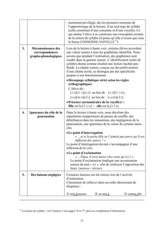 - traitement privilégié, dès les premiers moments de
                                             l’apprentissage de la lecture, d’un seul type de syllabe
                                             (celle constituée d’une consonne et d’une voyelle). Ce
                                             qui amène l’élève à se construire une conception erronée
                                             de la notion de syllabe (il pense qu’elle n’existe que sous
                                             la forme CONSONNE-VOYELLE 12).
     3.      Méconnaissance des             Lors de la lecture à haute voix, certains élèves accordent
               correspondances              une valeur sonore à tous les graphèmes identifiés. Nous
            grapho-phonologiques            savons que pendant l’oralisation, des graphèmes sont
                                            soudés dans la gamme sonore. L’identification isolée de
                                            syllabes donne comme résultat une lecture hachée peu
                                            fluide. La chaîne sonore, conçue sur des prélèvements
                                            d’une chaîne écrite, se distingue par des spécificités
                                            propres à son fonctionnement.
                                            • Découpage syllabique strict selon les règles
                                              orthographiques
                                              L’élève dit :
                                                [vi][tri][ne] au lieu de [vi][trin];
                                                [sa][me][di] au lieu de [sAm][di].
                                            • Présence surnuméraire de la voyelle/e/ :
                                              fille est lu [fiJe] – elle est lu [èle].
     4.    Ignorance du rôle de la          Dans la lecture à haute voix, nous décelons des
                ponctuation                 répartitions inopportunes de pauses du souffle, des
                                            défaillances dans les intonations, des négligences de la
                                            ponctuation, une ignorance de la valeur de certains mots-
                                            clés.
                                            • Le point d’interrogation
                                                   « …et si la petite fille ne l’aimait pas parce qu’il est
                                                   différent des autres ? »
                                            Le point d’interrogation devrait s’accompagner d’une
                                            inflexion de la voix.
                                            • Le point d’exclamation
                                                   « …Papa, il sera mieux chez nous qu’ici ! »
                                               Le point d’exclamation implique une accentuation
                                               sonore du mot « ici », afin de renforcer l’opposition des
                                               lieux (maison / vitrine).
     5.     Des liaisons négligées          Certaines liaisons ont été omises lors de l’activité
                                            d’oralisation.
                                            Classement de celles-ci dans un ordre décroissant de
                                            fréquence :

                                               très heureux             se met à                    contre elle



12
     La notion de syllabe : voir l’annexe 3 aux pages 76 et 77, pour un complément d’information.


                                                         21
 