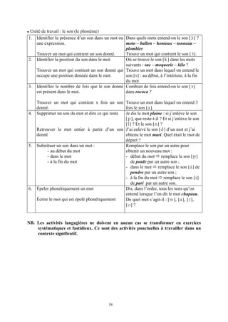 Unité de travail : le son (le phonème)
1. Identifier la présence d’un son dans un mot ou Dans quels mots entend-on le son [I] ?
    une expression.                               moto – ballon – honteux – tonneau –
                                                  plombier
    Trouver un mot qui contient un son donné.     Trouve un mot qui contient le son [I].
2. Identifier la position du son dans le mot.     Où se trouve le son [k] dans les mots
                                                  suivants : sac – moquerie – kilo ?
    Trouver un mot qui contient un son donné qui Trouve un mot dans lequel on entend le
    occupe une position donnée dans le mot.       son [s] : au début, à l’intérieur, à la fin
                                                  du mot.
3. Identifier le nombre de fois que le son donné Combien de fois entend-on le son [O]
    est présent dans le mot.                      dans rococo ?

     Trouver un mot qui contient x fois un son Trouve un mot dans lequel on entend 3
     donné.                                       fois le son [a].
4.   Supprimer un son du mot et dire ce qui reste Je dis le mot plaine : si j’enlève le son
                                                  [p], que reste-t-il ? Et si j’enlève le son
                                                  [l] ? Et le son [n] ?
     Retrouver le mot entier à partir d’un son J’ai enlevé le son [d] d’un mot et j’ai
     donné                                        obtenu le mot mari. Quel était le mot de
                                                  départ ?
5.   Substituer un son dans un mot :              Remplace le son par un autre pour
           - au début du mot                      obtenir un nouveau mot :
           - dans le mot                          - début du mot remplace le son [p]
           - à la fin du mot                         de poule par un autre son ;
                                                  - dans le mot remplace le son [B] de
                                                     pendre par un autre son ;
                                                  - à la fin du mot remplace le son [i]
                                                     de pari par un autre son.
6.   Épeler phonétiquement un mot                 Dis, dans l’ordre, tous les sons qu’on
                                                  entend lorsque l’on dit le mot chapeau.
     Écrire le mot qui est épelé phonétiquement   De quel mot s’agit-il : [w], [a], [z],
                                                  [o] ?


NB. Les activités langagières ne doivent en aucun cas se transformer en exercices
    systématiques et fastidieux. Ce sont des activités ponctuelles à travailler dans un
    contexte significatif.




                                           39
 