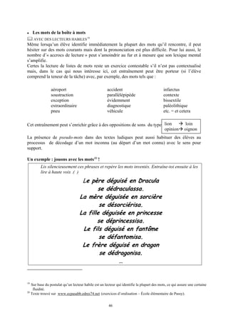 Les mots de la boîte à mots
     AVEC DES LECTEURS HABILES 19
Même lorsqu’un élève identifie immédiatement la plupart des mots qu’il rencontre, il peut
hésiter sur des mots courants mais dont la prononciation est plus difficile. Pour lui aussi, le
nombre d’« accrocs de lecture » peut s’amoindrir au fur et à mesure que son lexique mental
s’amplifie.
Certes la lecture de listes de mots reste un exercice contestable s’il n’est pas contextualisé
mais, dans le cas qui nous intéresse ici, cet entraînement peut être porteur (si l’élève
comprend la teneur de la tâche) avec, par exemple, des mots tels que :

                aéroport                              accident                              infarctus
                soustraction                          parallélépipède                       contexte
                exception                             évidemment                            bissextile
                extraordinaire                        diagnostique                          paléolithique
                pneu                                  véhicule                              etc. = et cetera


Cet entraînement peut s’enrichir grâce à des oppositions de sons du type lion                             loin
                                                                         opinion                          oignon
La présence de pseudo-mots dans des textes ludiques peut aussi habituer des élèves au
processus de décodage d’un mot inconnu (au départ d’un mot connu) avec le sens pour
support.

Un exemple : jouons avec les mots 20 !
         Lis silencieusement ces phrases et repère les mots inventés. Entraîne-toi ensuite à les
         lire à haute voix .( )
                                    Le père déguisé en Dracula
                                          se dédraculassa.
                                   La mère déguisée en sorcière
                                           se désorciérisa.
                                   La fille déguisée en princesse
                                          se déprincessisa.
                                    Le fils déguisé en fantôme
                                           se défantomisa.
                                    Le frère déguisé en dragon
                                           se dédragonisa.
                                                  …


19
   Sur base du postulat qu’un lecteur habile est un lecteur qui identifie la plupart des mots, ce qui assure une certaine
    fluidité.
20
   Texte trouvé sur www.ecpasabb.edres74.net (exercices d’oralisation – École élémentaire de Passy).


                                                       46
 